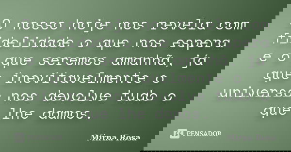 O nosso hoje nos revela com fidelidade o que nos espera e o que seremos amanhã, já que inevitavelmente o universo nos devolve tudo o que lhe damos.... Frase de Mirna Rosa.