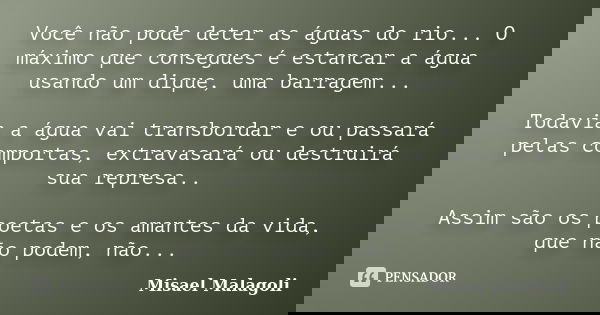 Você não pode deter as águas do rio... O máximo que consegues é estancar a água usando um dique, uma barragem... Todavia a água vai transbordar e ou passará pel... Frase de Misael Malagoli.
