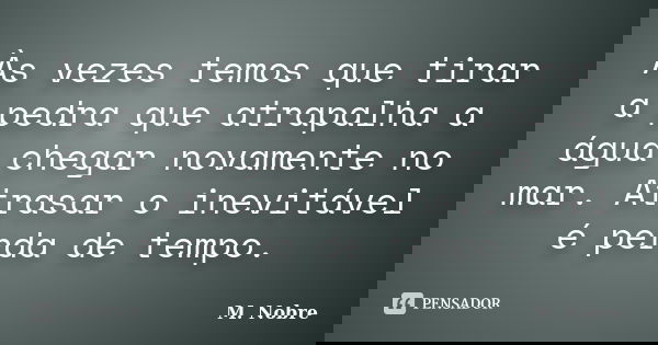 Às vezes temos que tirar a pedra que atrapalha a água chegar novamente no mar. Atrasar o inevitável é perda de tempo.... Frase de M.Nobre.