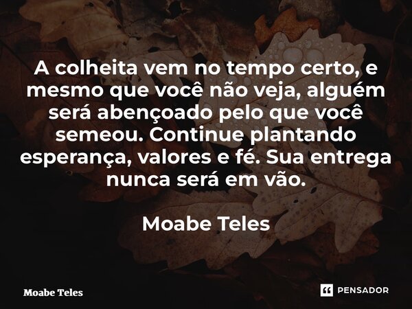 ⁠A colheita vem no tempo certo, e mesmo que você não veja, alguém será abençoado pelo que você semeou. Continue plantando esperança, valores e fé. Sua entrega n... Frase de Moabe Teles.
