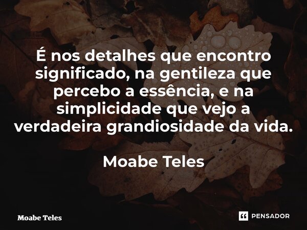 ⁠É nos detalhes que encontro significado, na gentileza que percebo a essência, e na simplicidade que vejo a verdadeira grandiosidade da vida. Moabe Teles... Frase de Moabe Teles.
