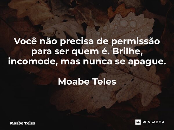 ⁠Você não precisa de permissão para ser quem é. Brilhe, incomode, mas nunca se apague. Moabe Teles... Frase de Moabe Teles.
