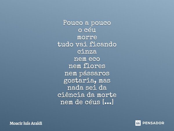 ⁠Pouco a pouco o céu morre tudo vai ficando cinza nem eco nem flores nem pássaros gostaria, mas nada sei da ciência da morte nem de céus nem de bocas nem de mim... Frase de Moacir LuÌs Araldi.