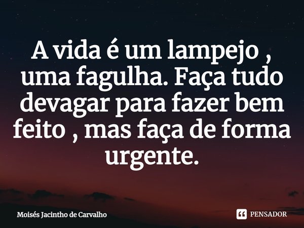 ⁠ A vida é um lampejo , uma fagulha. Faça tudo devagar para fazer bem feito , mas faça de forma urgente.... Frase de Moisés Jacintho de Carvalho.