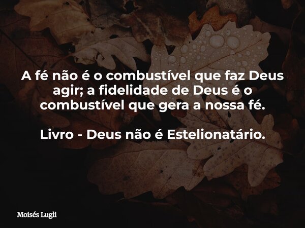 A fé não é o combustível que faz Deus agir; a fidelidade de Deus é o combustível que gera a nossa fé. Livro - Deus não é Estelionatário.... Frase de Moisés Lugli.