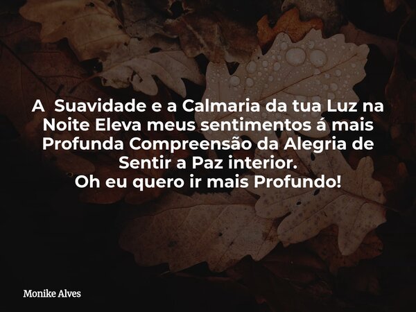 A Suavidade e a Calmaria da tua Luz na Noite Eleva meus sentimentos á mais Profunda Compreensão da Alegria de Sentir a Paz interior. Oh eu quero ir mais Profund... Frase de Monike Alves.