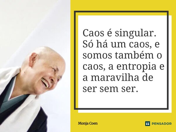 ⁠Caos é singular. Só há um caos, e somos também o caos, a entropia e a maravilha de ser sem ser.... Frase de Monja Coen.