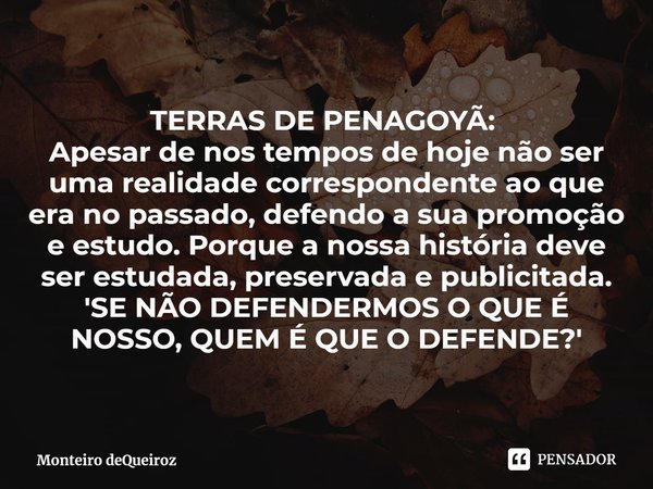 TERRAS DE PENAGOYÃ:⁠
Apesar de nos tempos de hoje não ser uma realidade correspondente ao que era no passado, defendo a sua promoção e estudo. Porque a nossa hi... Frase de Monteiro deQueiroz.