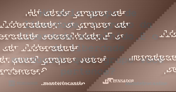 Há dois grupo de liberdade; o grupo da liberdade escolhida,E o da liberdade mordaçada.qual grupo você pertence?... Frase de monteirocanino.