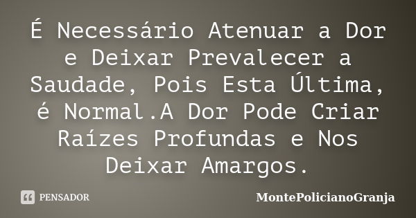 É Necessário Atenuar a Dor e Deixar Prevalecer a Saudade, Pois Esta Última, é Normal.A Dor Pode Criar Raízes Profundas e Nos Deixar Amargos.... Frase de MontePolicianoGranja.