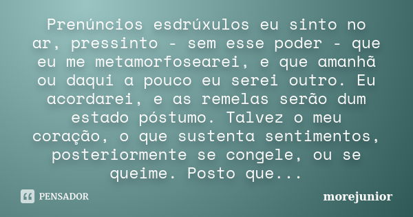 Prenúncios esdrúxulos eu sinto no ar, pressinto - sem esse poder - que eu me metamorfosearei, e que amanhã ou daqui a pouco eu serei outro. Eu acordarei, e as r... Frase de morejunior.