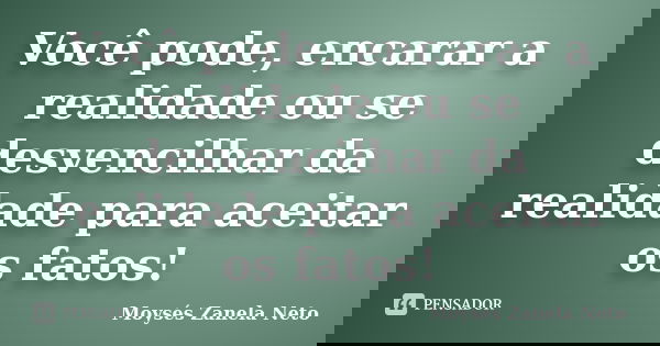 Você pode, encarar a realidade ou se desvencilhar da realidade para aceitar os fatos!... Frase de Moysés Zanela Neto.