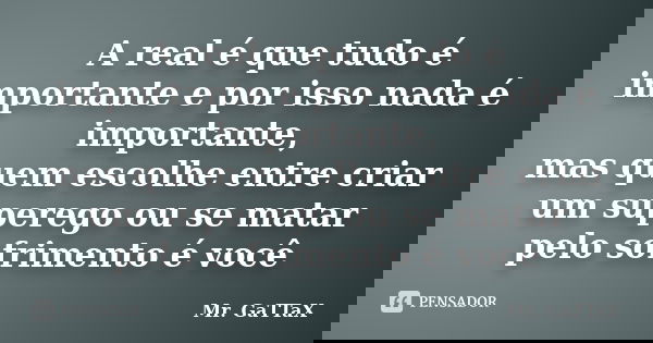 A real é que tudo é importante e por isso nada é importante, mas quem escolhe entre criar um superego ou se matar pelo sofrimento é você... Frase de Mr. GaTTaX.