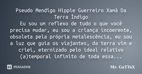 Pseudo Mendigo Hippie Guerreiro Xamã Da Terra Ìndigo Eu sou um reflexo de tudo o que você precisa mudar, eu sou a criança incoerente, obsoleta pela própria meta... Frase de Mr. GaTTaX.