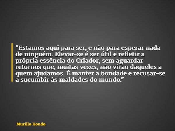 "Estamos aqui para ser, e não para esperar nada de ninguém. Elevar-se é ser útil e refletir a própria essência do Criador, sem aguardar retornos que, muita... Frase de Murillo Hondo.
