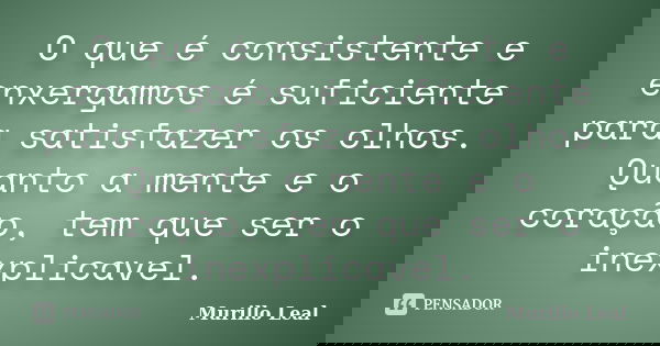 O que é consistente e enxergamos é suficiente para satisfazer os olhos. Quanto a mente e o coração, tem que ser o inexplicavel.... Frase de Murillo Leal.
