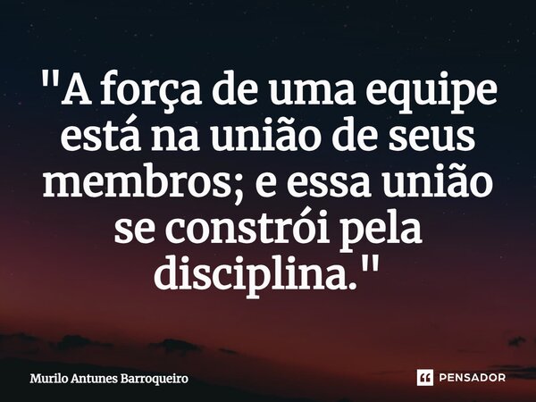 ⁠"A força de uma equipe está na união de seus membros; e essa união se constrói pela disciplina."... Frase de Murilo Antunes Barroqueiro.