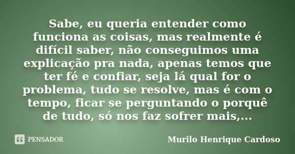 Sabe, eu queria entender como funciona as coisas, mas realmente é difícil saber, não conseguimos uma explicação pra nada, apenas temos que ter fé e confiar, sej... Frase de Murilo Henrique Cardoso.