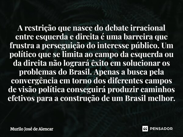 ⁠A restrição que nasce do debate irracional entre esquerda e direita é uma barreira que frustra a perseguição do interesse público. Um político que se limita ao... Frase de Murilo José de Alencar.