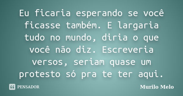 Eu ficaria esperando se você ficasse também. E largaria tudo no mundo, diria o que você não diz. Escreveria versos, seriam quase um protesto só pra te ter aqui.... Frase de Murilo Melo.