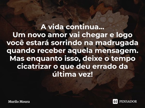 A vida continua...
Um novo amor vai chegar e logo você estará sorrindo na madrugada quando receber aquela mensagem.
Mas enquanto isso, deixe o tempo cicatrizar ... Frase de Murilo Moura.