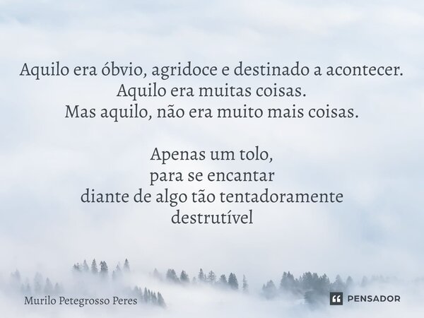 ⁠Aquilo era óbvio, agridoce e destinado a acontecer. Aquilo era muitas coisas. Mas aquilo, não era muito mais coisas. Apenas um tolo, para se encantar diante de... Frase de Murilo Petegrosso Peres.