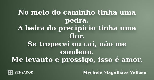 No meio do caminho tinha uma pedra. A beira do precipício tinha uma flor. Se tropecei ou cai, não me condeno. Me levanto e prossigo, isso é amor.... Frase de Mychele Magalhães Velloso.