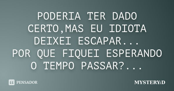 PODERIA TER DADO CERTO,MAS EU IDIOTA DEIXEI ESCAPAR... POR QUE FIQUEI ESPERANDO O TEMPO PASSAR?...... Frase de MYSTERY:D.