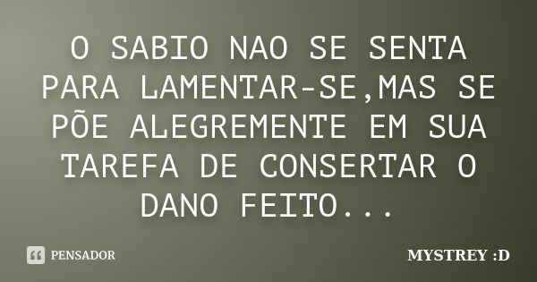 O SABIO NAO SE SENTA PARA LAMENTAR-SE,MAS SE PÕE ALEGREMENTE EM SUA TAREFA DE CONSERTAR O DANO FEITO...... Frase de MYSTREY :D.