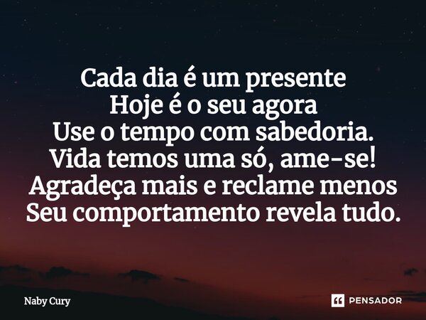 ⁠Cada dia é um presente Hoje é o seu agora Use o tempo com sabedoria. Vida temos uma só, ame-se! Agradeça mais e reclame menos Seu comportamento revela tudo.... Frase de Naby Cury.