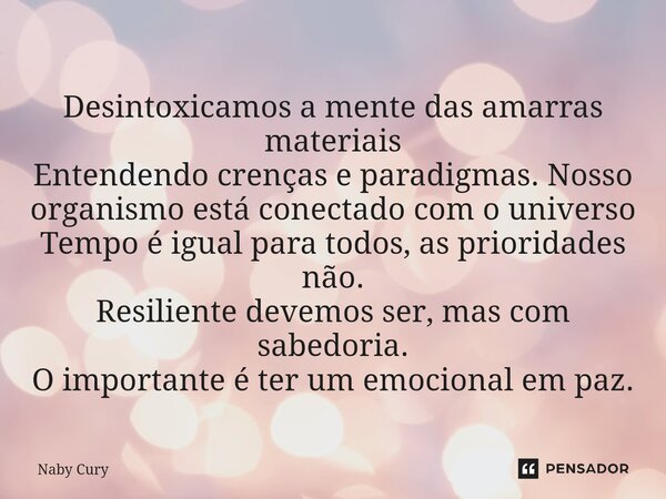 ⁠Desintoxicamos a mente das amarras materiais Entendendo crenças e paradigmas. Nosso organismo está conectado com o universo Tempo é igual para todos, as priori... Frase de Naby Cury.