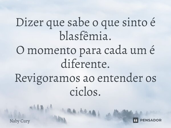 ⁠Dizer que sabe o que sinto é blasfêmia. O momento para cada um é diferente. Revigoramos ao entender os ciclos.... Frase de Naby Cury.