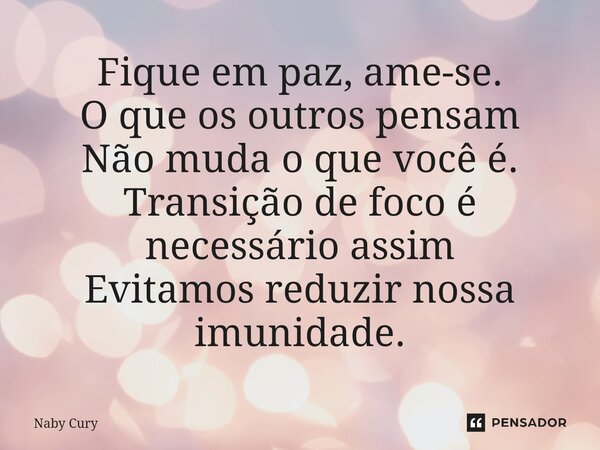 ⁠Fique em paz, ame-se. O que os outros pensam Não muda o que você é. Transição de foco é necessário assim Evitamos reduzir nossa imunidade.... Frase de Naby Cury.