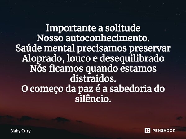 ⁠Importante a solitude Nosso autoconhecimento. Saúde mental precisamos preservar Aloprado, louco e desequilibrado Nós ficamos quando estamos distraidos. O começ... Frase de Naby Cury.