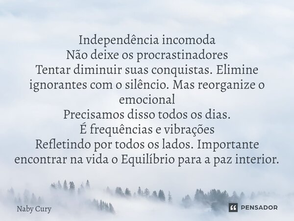 ⁠Independência incomoda Não deixe os procrastinadores Tentar diminuir suas conquistas. Elimine ignorantes com o silêncio. Mas reorganize o emocional Precisamos ... Frase de Naby Cury.