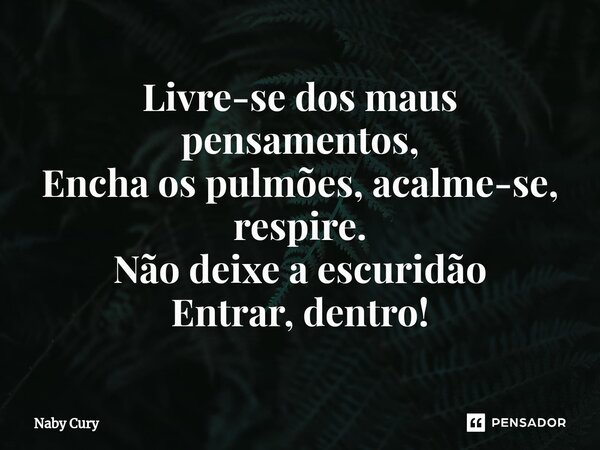 ⁠Livre-se dos maus pensamentos, Encha os pulmões, acalme-se, respire. Não deixe a escuridão Entrar, dentro!... Frase de Naby Cury.