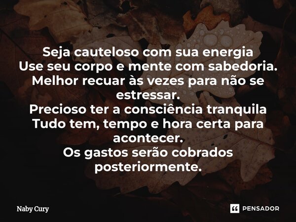 ⁠Seja cauteloso com sua energia Use seu corpo e mente com sabedoria. Melhor recuar às vezes para não se estressar. Precioso ter a consciência tranquila Tudo tem... Frase de Naby Cury.