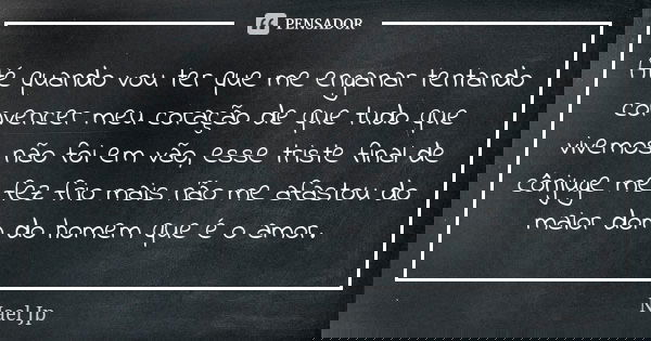 Até quando vou ter que me enganar tentando convencer meu coração de que tudo que vivemos não foi em vão, esse triste final de cônjuge me fez frio mais não me af... Frase de Nael jp.