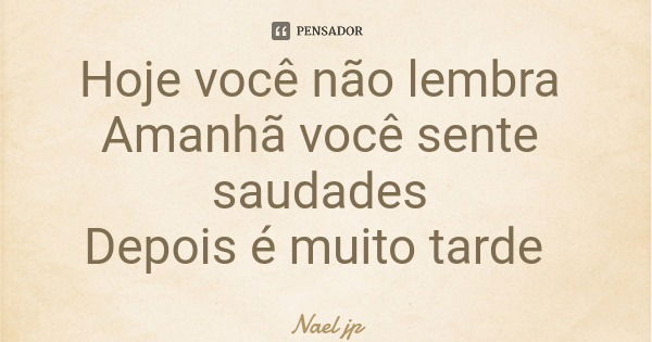 Hoje você não lembra Amanhã você sente saudades Depois é muito tarde... Frase de Nael jp.