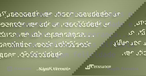 O passado me traz saudades o presente me da a realidade e o futuro me da esperança... Que os caminhos mais difíceis me tragam felicidade... Frase de Nagib Ferreira.
