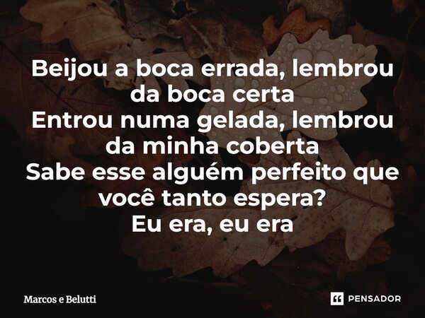 Beijou a boca errada, lembrou da boca certa Entrou numa gelada, lembrou da minha coberta Sabe esse alguém perfeito que você tanto espera? Eu era, eu era... Frase de Marcos e Belutti.