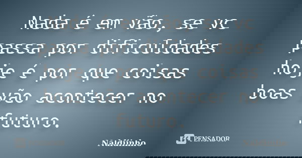 Nada é em vão, se vc passa por dificuldades hoje é por que coisas boas vão acontecer no futuro.... Frase de Naldiinho.