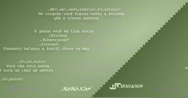 Não sei onde preciso te colocar No coração você forçou tanto a entrada Que a tranca quebrou E agora você me liga assim Irritada Esbravejando Gritando Enquanto b... Frase de NaNa Caê.