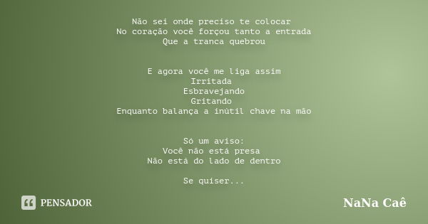 Não sei onde preciso te colocar No coração você forçou tanto a entrada Que a tranca quebrou E agora você me liga assim Irritada Esbravejando Gritando Enquanto b... Frase de NaNa Caê.