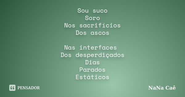 Sou suco Soro Nos sacrifícios Dos ascos Nas interfaces Dos desperdiçados Dias Parados Estáticos... Frase de NaNa Caê.