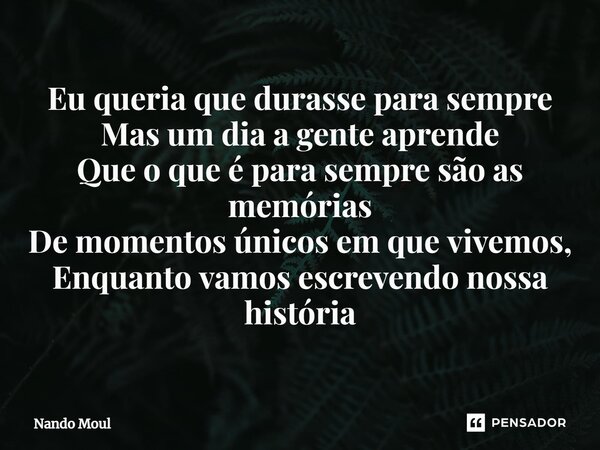 ⁠Eu queria que durasse para sempre Mas um dia a gente aprende Que o que é para sempre são as memórias De momentos únicos em que vivemos, Enquanto vamos escreven... Frase de Nando Moul.