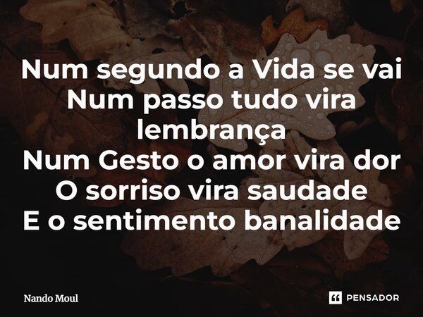 ⁠Num segundo a Vida se vai Num passo tudo vira lembrança Num Gesto o amor vira dor O sorriso vira saudade E o sentimento banalidade... Frase de Nando Moul.