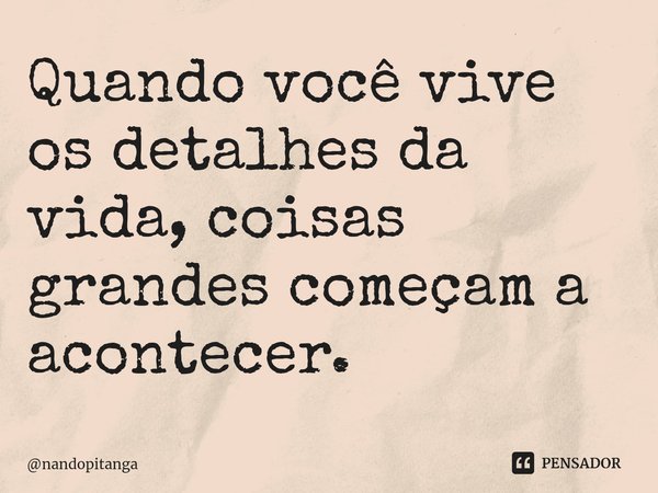 ⁠Quando você vive os detalhes da vida, coisas grandes começam a acontecer.... Frase de nandopitanga.