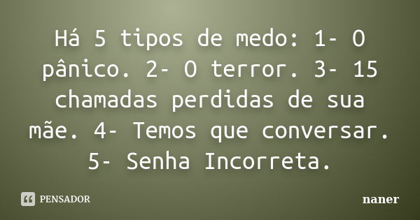 Há 5 tipos de medo: 1- O pânico. 2- O terror. 3- 15 chamadas perdidas de sua mãe. 4- Temos que conversar. 5- Senha Incorreta.... Frase de naner.