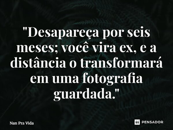 ⁠"Desapareça por seis meses; você vira ex, e a distância o transformará em uma fotografia guardada."... Frase de Nan Pra Vida.